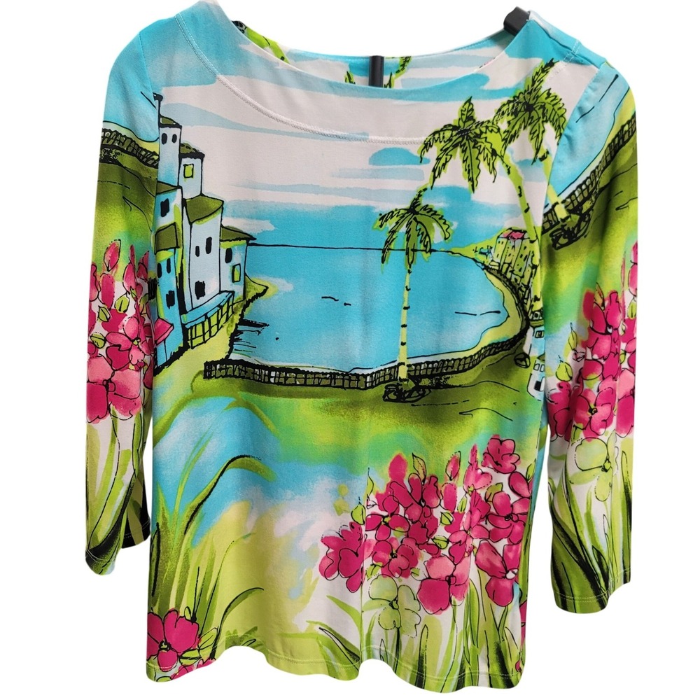 Womens Sz L‎ Tropicalcore Coastal Landscape Scenic Print 3/4 Sleeve Resortwear